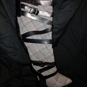 Plaid and Black Strappy Women's Boots